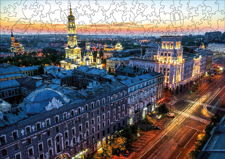 "Dormition Cathedral and Kharkiv Downtown" wooden shaped puzzle